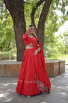 Red Ready-to-Wear Rayon Lehenga Choli Set with Mirror Work for Navratri