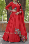 Red Ready-to-Wear Rayon Lehenga Choli Set with Mirror Work for Navratri