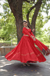 Red Ready-to-Wear Rayon Lehenga Choli Set with Mirror Work for Navratri