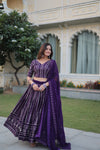 Stunning Dark Purple Faux Blooming Lehenga Choli with Heavy Sequins and Zari Embroidery