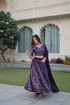 Stunning Dark Purple Faux Blooming Lehenga Choli with Heavy Sequins and Zari Embroidery