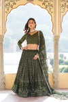 Moss Green Faux Georgette Lehenga Choli with Sequins & Thread Embroidery Dupatta