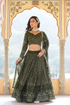 Moss Green Faux Georgette Lehenga Choli with Sequins & Thread Embroidery Dupatta