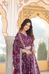 Wine Designer Pure Viscose Jacquard Lehenga with Sequins Embroidery Dupatta