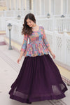 Flower Digital Print With Sequins Embroidered Blouse and Plain Crushed Co-Ord Set Lehenga