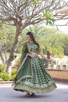 Moss Green Designer Viscose Jacquard Lehenga Choli With Sequins Embroidery Dupatta