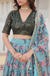 Turquoise Digital Printed Silk Lehenga Choli with Moss Green Sequins Embroidered Blouse and Dupatta