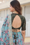 Turquoise Digital Printed Silk Lehenga Choli with Moss Green Sequins Embroidered Blouse and Dupatta