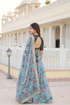 Turquoise Digital Printed Silk Lehenga Choli with Moss Green Sequins Embroidered Blouse and Dupatta