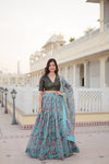 Turquoise Digital Printed Silk Lehenga Choli with Moss Green Sequins Embroidered Blouse and Dupatta