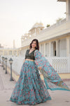 Turquoise Digital Printed Silk Lehenga Choli with Moss Green Sequins Embroidered Blouse and Dupatta