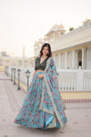 Turquoise Digital Printed Silk Lehenga Choli with Moss Green Sequins Embroidered Blouse and Dupatta