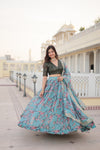 Turquoise Digital Printed Silk Lehenga Choli with Moss Green Sequins Embroidered Blouse and Dupatta