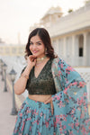 Turquoise Digital Printed Silk Lehenga Choli with Moss Green Sequins Embroidered Blouse and Dupatta