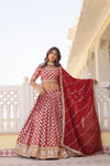 Red Designer Viscose Jacquard Lehenga Choliwith Sequins Embroidery Dupatta