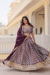 Wine Designer Viscose Jacquard Lehenga Choliwith Sequins Embroidery Dupatta