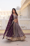 Wine Designer Viscose Jacquard Lehenga Choliwith Sequins Embroidery Dupatta