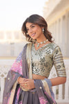 Smoke Grey Digital Printed Silk Lehenga with Sequins Embroidered Blouse and Designer Dupatta