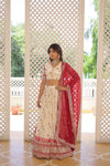 Designer Off White Dyeable Pure Viscose Jacquard Lehenga Choli with Red Dupatta