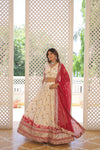 Designer Off White Dyeable Pure Viscose Jacquard Lehenga Choli with Red Dupatta