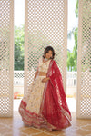 Designer Off White Dyeable Pure Viscose Jacquard Lehenga Choli with Red Dupatta