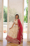 Designer Off White Dyeable Pure Viscose Jacquard Lehenga Choli with Red Dupatta