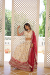 Designer Off White Dyeable Pure Viscose Jacquard Lehenga Choli with Red Dupatta