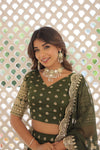 Moss Green Dyable Viscose Jacquard Lehenga in Sequins and Cut Work