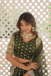 Moss Green Dyable Viscose Jacquard Lehenga in Sequins and Cut Work