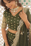 Moss Green Dyable Viscose Jacquard Lehenga in Sequins and Cut Work