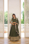 Moss Green Dyable Viscose Jacquard Lehenga in Sequins and Cut Work