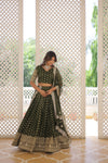 Moss Green Dyable Viscose Jacquard Lehenga in Sequins and Cut Work