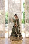 Moss Green Dyable Viscose Jacquard Lehenga in Sequins and Cut Work