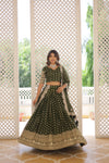 Moss Green Dyable Viscose Jacquard Lehenga in Sequins and Cut Work