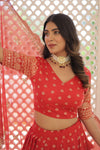 Red Dyable Viscose Jacquard Lehenga with Sequins and Cut Work Dupatta