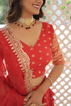 Red Dyable Viscose Jacquard Lehenga with Sequins and Cut Work Dupatta