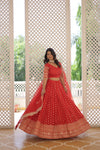 Red Dyable Viscose Jacquard Lehenga with Sequins and Cut Work Dupatta