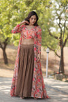 Beige Faux Georgette Stitched Lehenga Set with Shrug