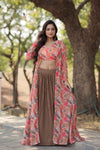 Beige Faux Georgette Stitched Lehenga Set with Shrug