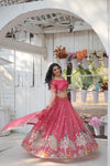 Pink South Indian Style Lehenga Choli Set with Golden Sequins & Thread Embroidery