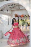 Pink South Indian Style Lehenga Choli Set with Golden Sequins & Thread Embroidery