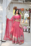 Pink South Indian Style Lehenga Choli Set with Golden Sequins & Thread Embroidery