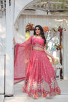 Pink South Indian Style Lehenga Choli Set with Golden Sequins & Thread Embroidery