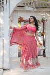 Pink South Indian Style Lehenga Choli Set with Golden Sequins & Thread Embroidery