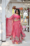 Pink South Indian Style Lehenga Choli Set with Golden Sequins & Thread Embroidery