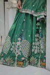 Green South Indian Style Lehenga Choli Set with Golden Sequins & Thread Embroidery