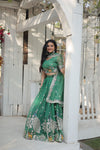 Green South Indian Style Lehenga Choli Set with Golden Sequins & Thread Embroidery