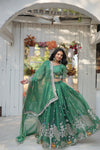 Green South Indian Style Lehenga Choli Set with Golden Sequins & Thread Embroidery