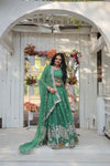 Green South Indian Style Lehenga Choli Set with Golden Sequins & Thread Embroidery