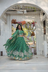 Green South Indian Style Lehenga Choli Set with Golden Sequins & Thread Embroidery